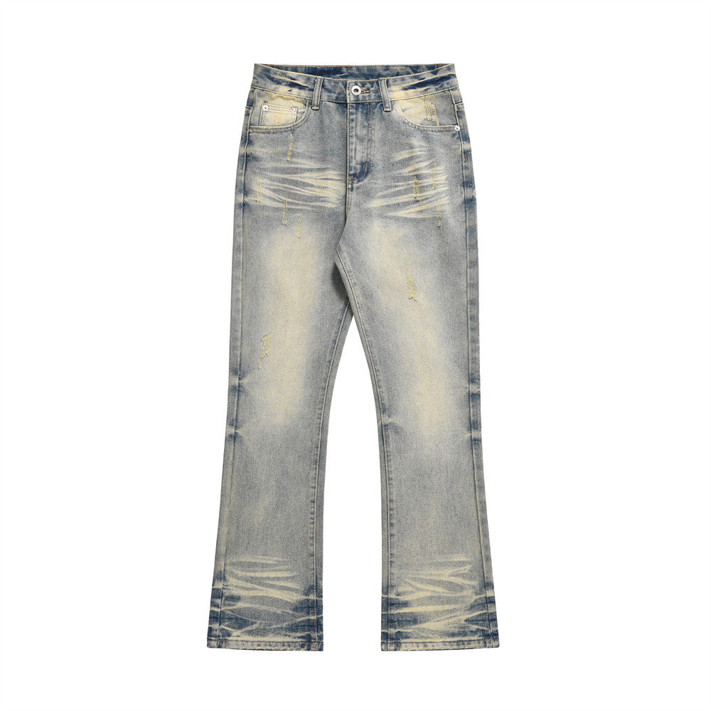 DISTRESSED SCRATCHES DENIM STRAIGHT-LEG PANT