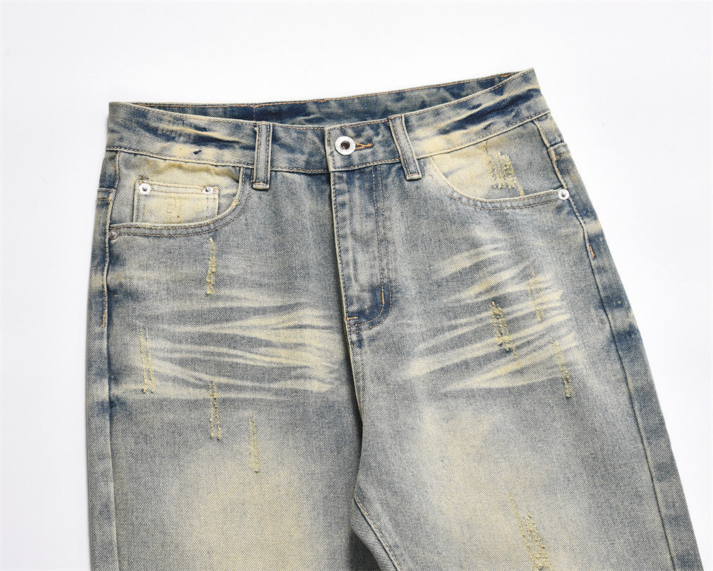 DISTRESSED SCRATCHES DENIM STRAIGHT-LEG PANT