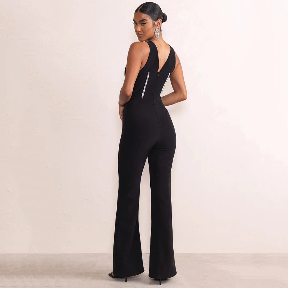 Black Deep V-neck  Jumpsuit