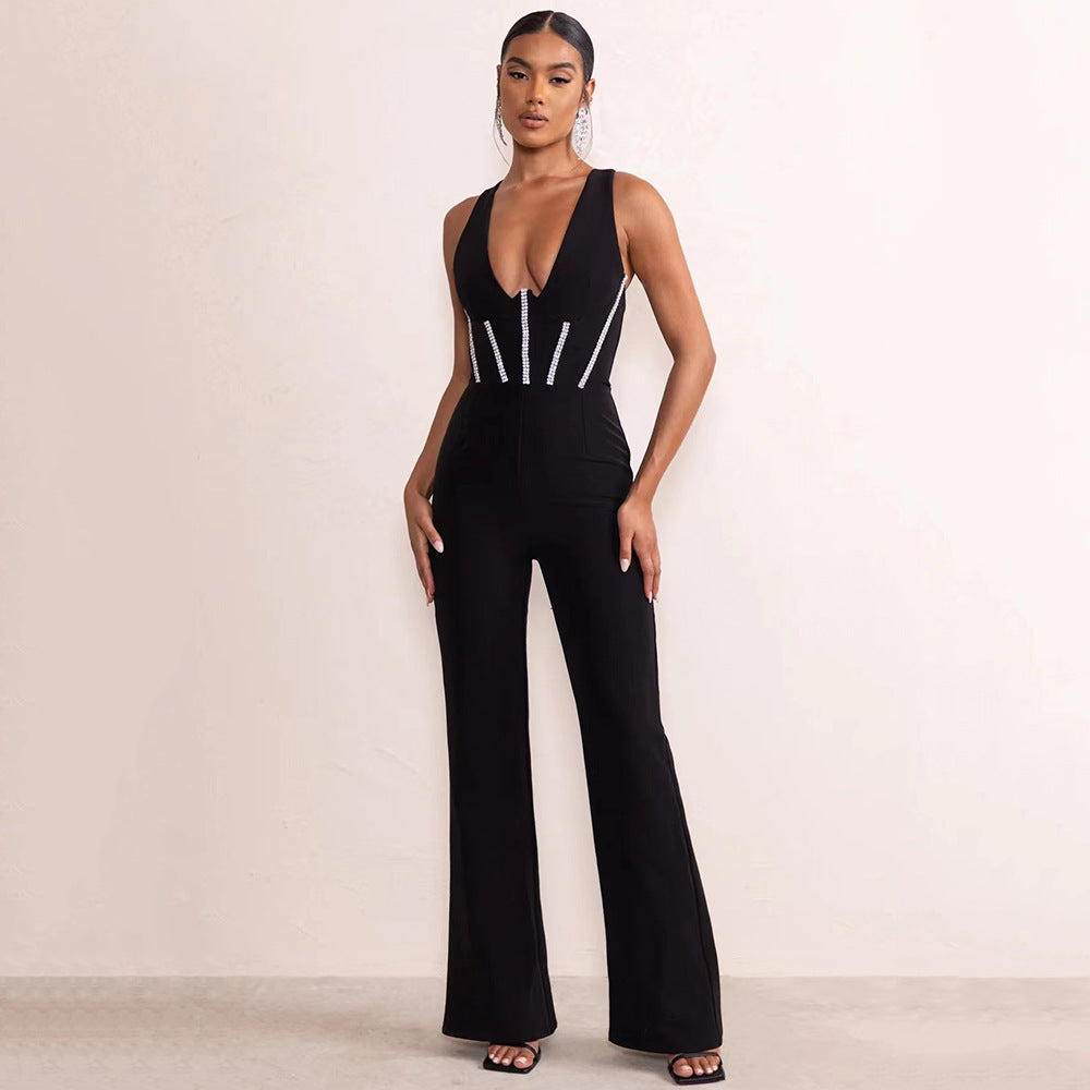 Black Deep V-neck  Jumpsuit