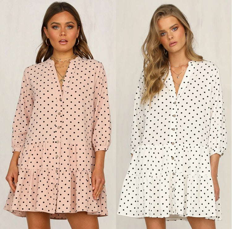 Polka Dot Ruffled V-neck Dress