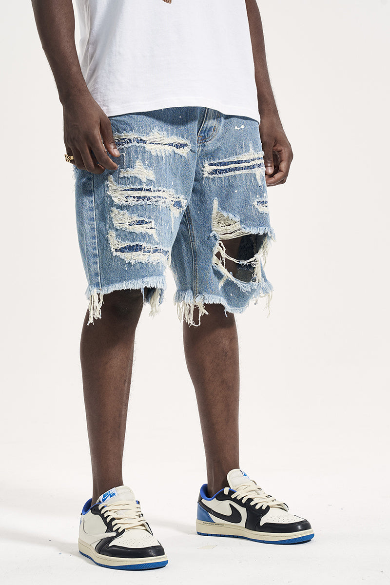 HOLES WASHED DENIM SHORT