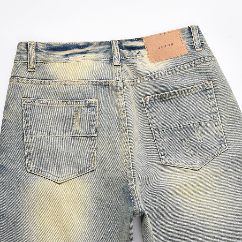 DISTRESSED SCRATCHES DENIM STRAIGHT-LEG PANT